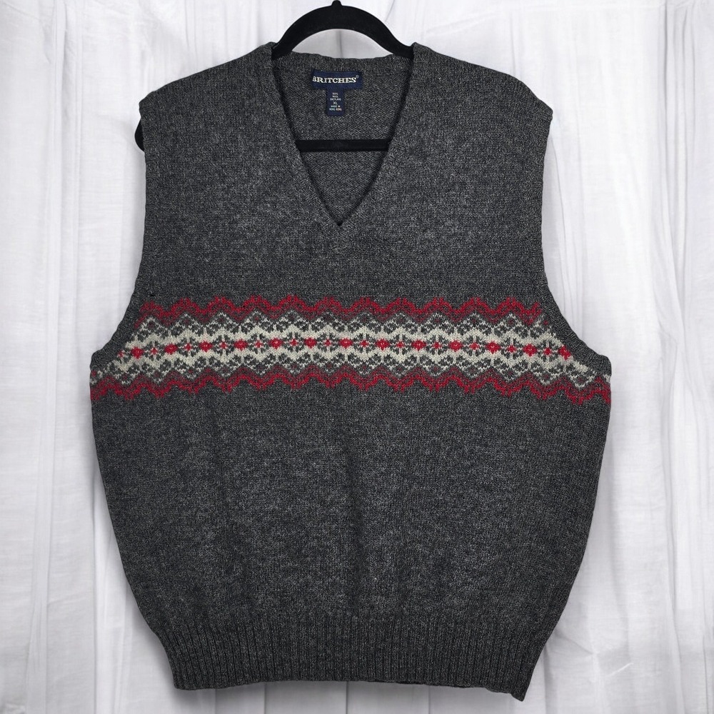 Vintage BRITCHES Mens Shetland Wool Fair Isle V-Neck Sweater Vest XL Grey‎ Red